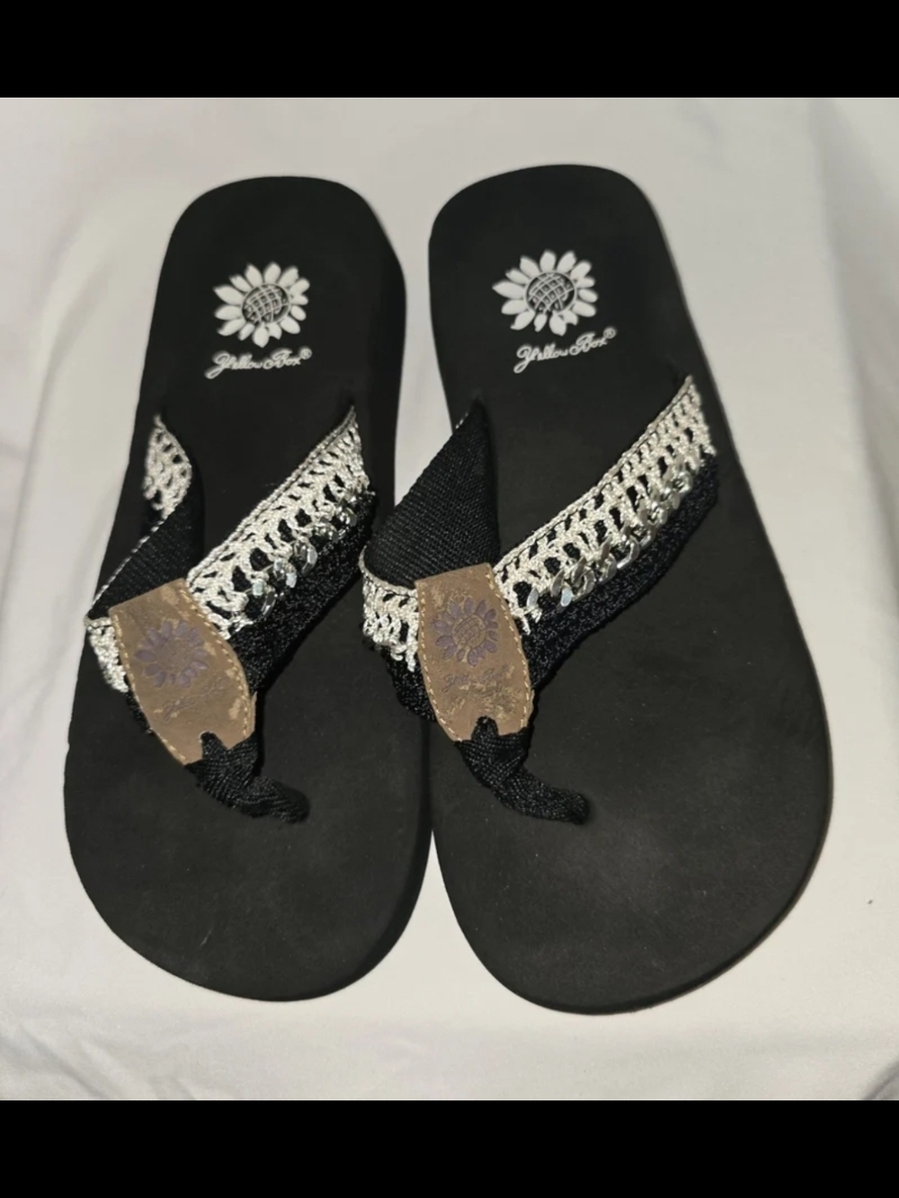 Yellow Box Black Sandals with Silver Crochet Straps